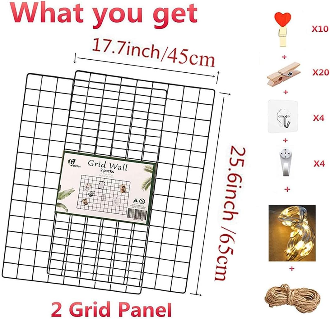2 Pack Large Wall Grid Panels with Light and Clips, Photo Display Board, Pict...