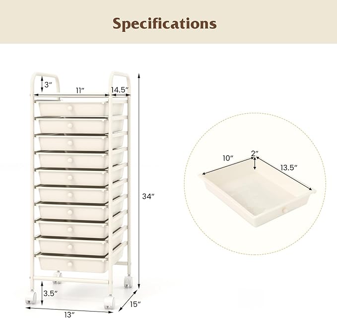 Giantex 10-Drawer Storage Cart w/Universal Wheel, Rolling Cart w/Handle - Image 3