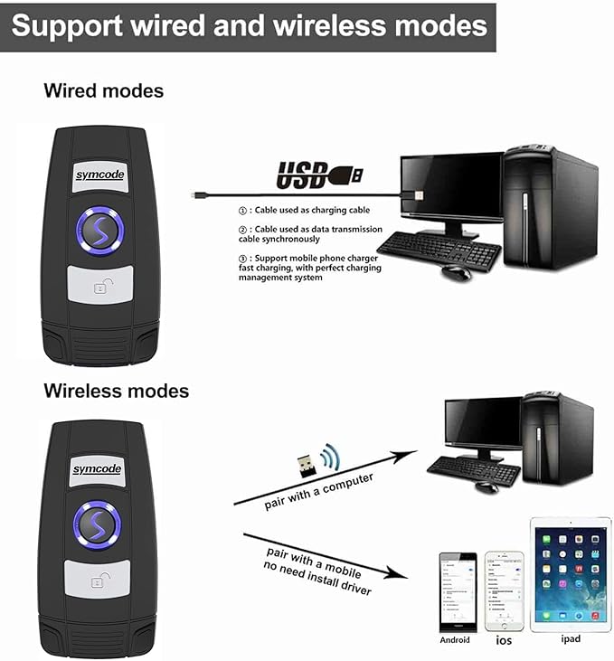 Mini 2D Portable Handheld Bluetooth Barcode Scanner Wireless 2.4G & USB Wired - Image 3