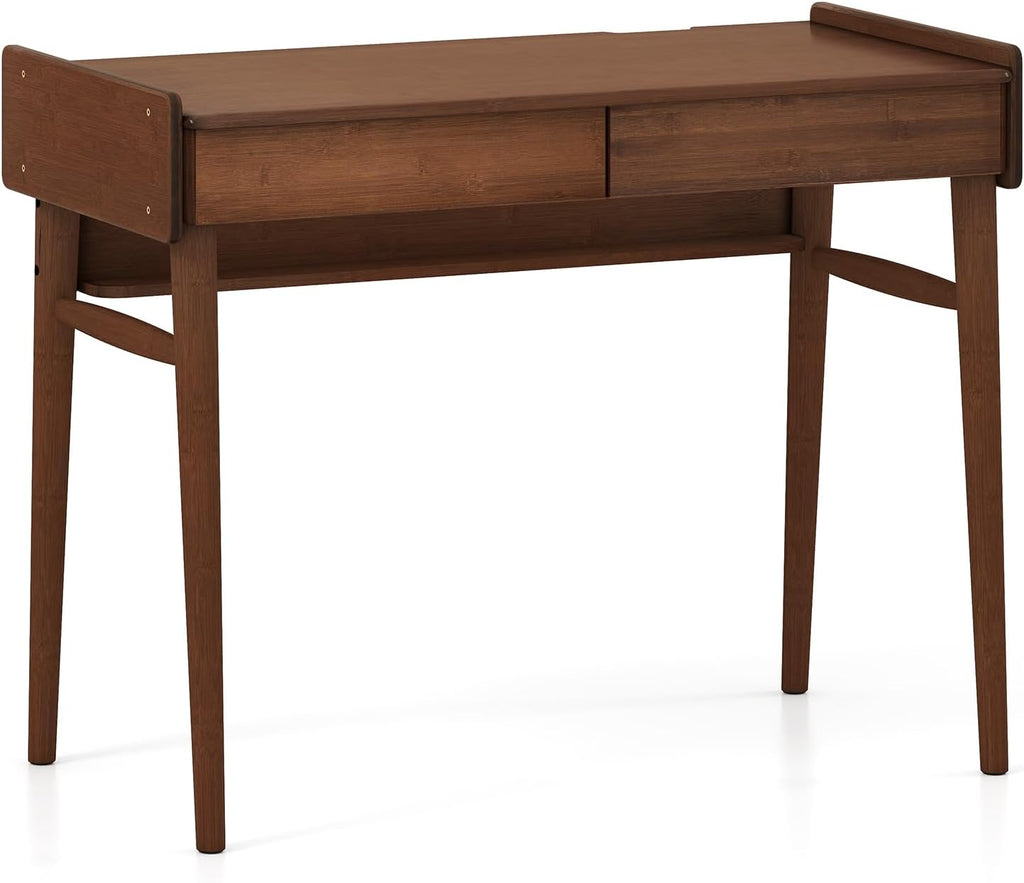 Tangkula Bamboo Mid Century Desk with 2 Storage Drawers, Home Office Study Writing Desk with Shelf & Cable Management Groove, Home Office Desk for Working & Learning (Brown)