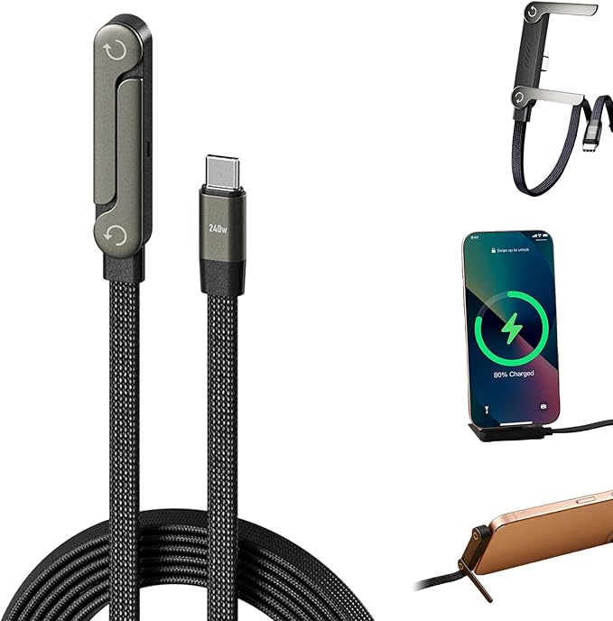 Sideways Phone Charger, 2 in 1 Invisible Holder Charger Cable, 240W Braided by Linyuant