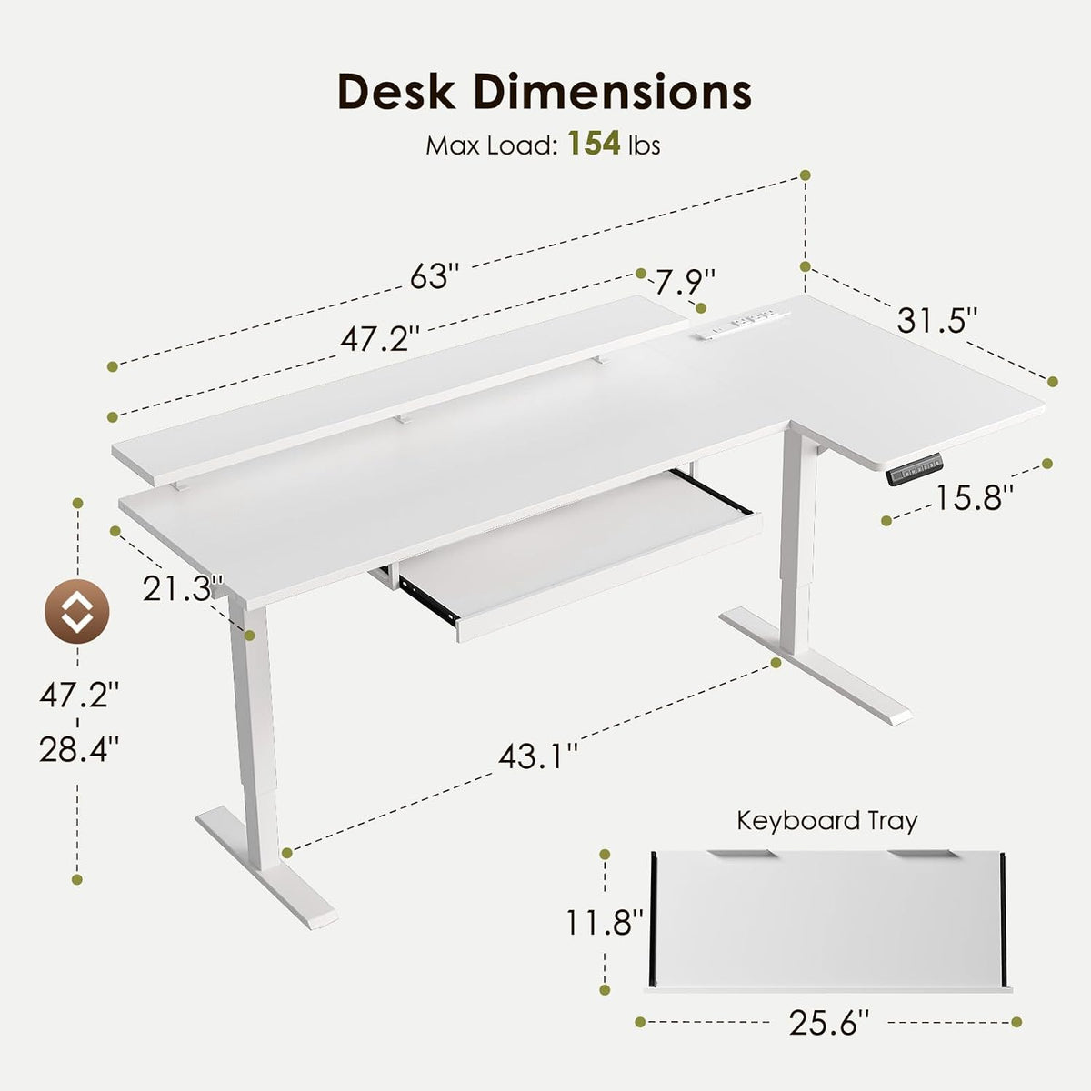 OffiGo 63 Inch Reversible L Shaped Electric Standing Desk, White