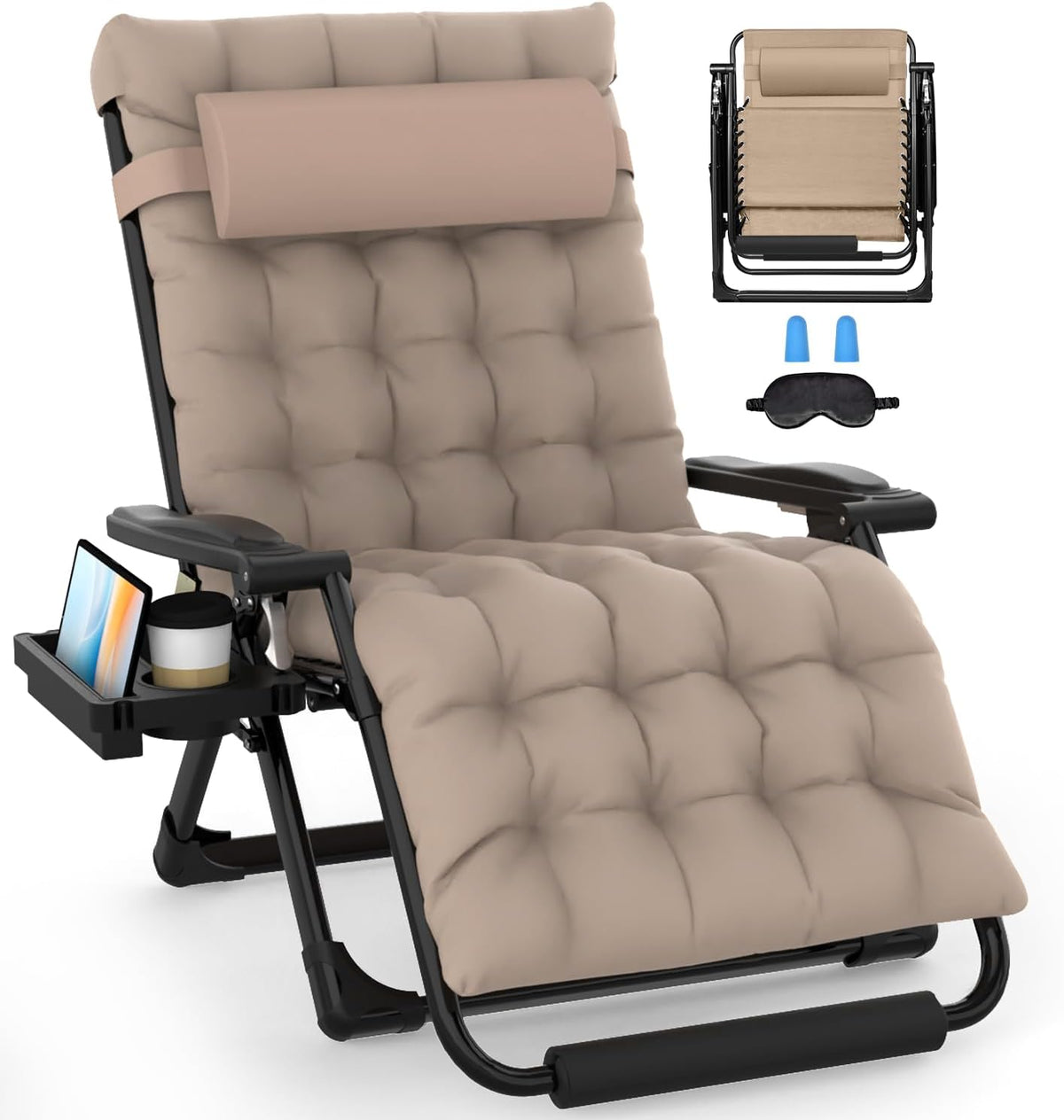 Slendor Oversized Zero Gravity Chairs XXL, 33In Padded Recliner Chair,Khaki