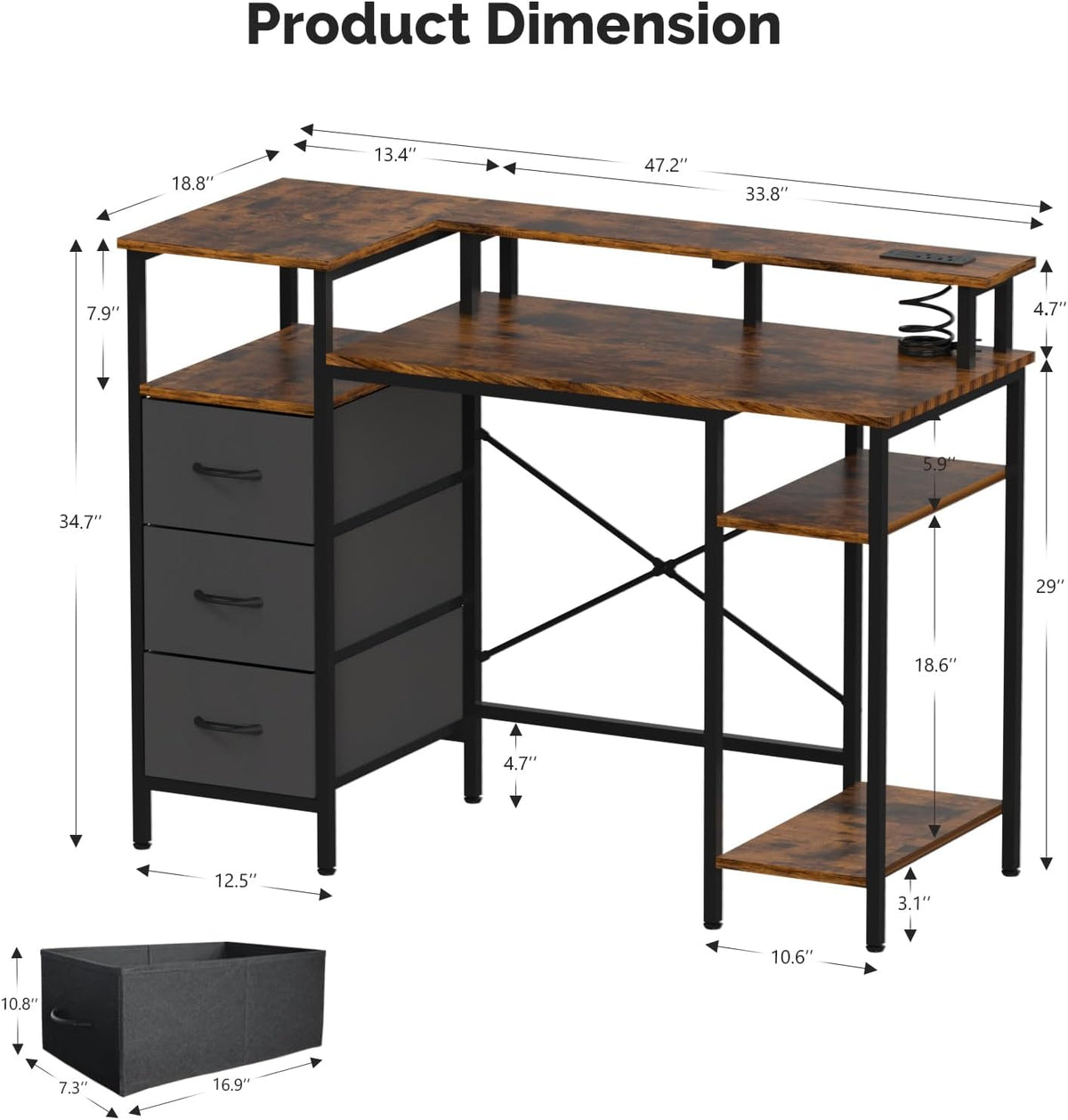 VINGLI 47" L-Shaped Gaming Desk, Fabric Drawers, Storage Shelves
