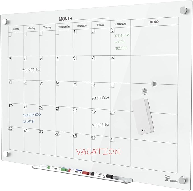 TOWON 47 x 35 Inch Large Glass Dry Erase Board, Magnetic Whiteboard Calendar by TOWON