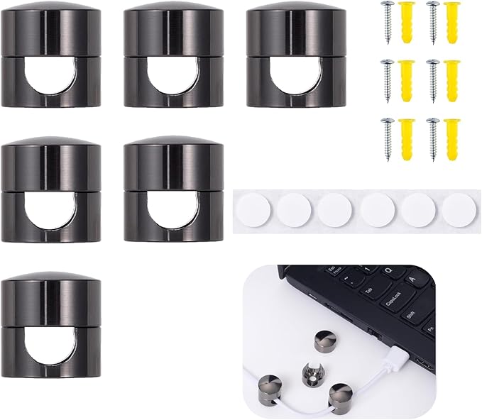 6 Sets Charger Cord Holder, Glossy Black Metal Adhesive Cable Management Clips by MakeYourLifeEasier