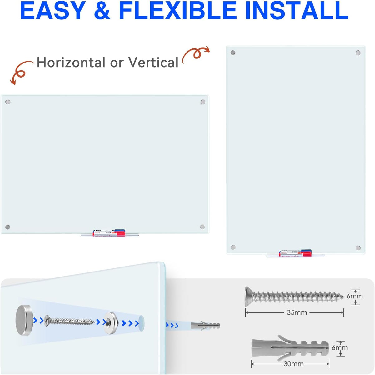 Maxtek Magnetic Glass Whiteboard 48 x 36 in, Frameless Glass Board for Wall
