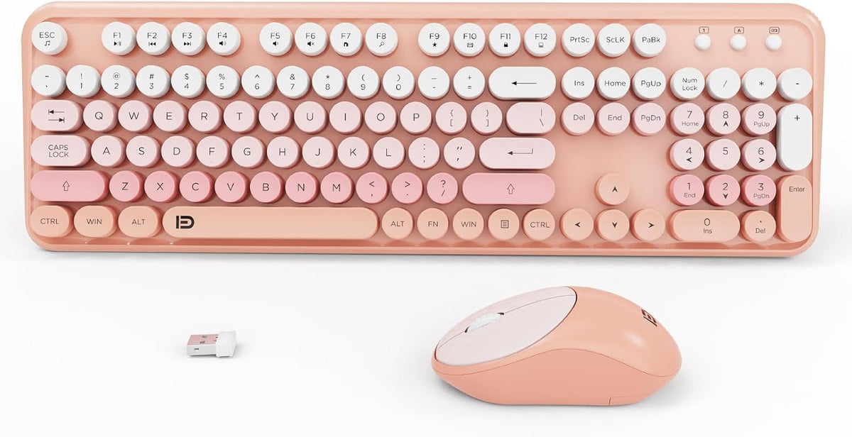 Wireless Keyboard and Mouse Combo,Cute Round Keys,for Long Nail,Orange Pink