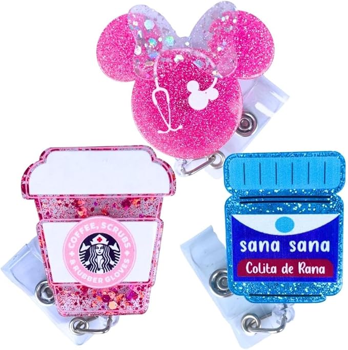 3 PC Nurse Badge Reel Cute Funny Pink Name Tag ID Clip Retractable Holder by YJPREMIUMS