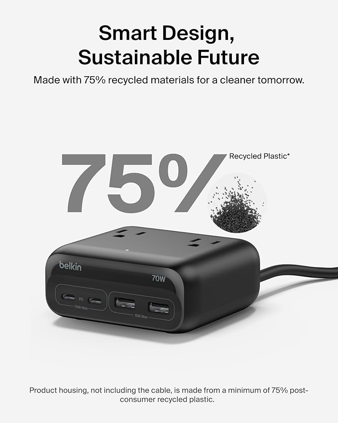 Belkin GaN Charging Station 70W, 7-in-1 Dual USB C Charger w/ 3X AC Outlets - Image 7