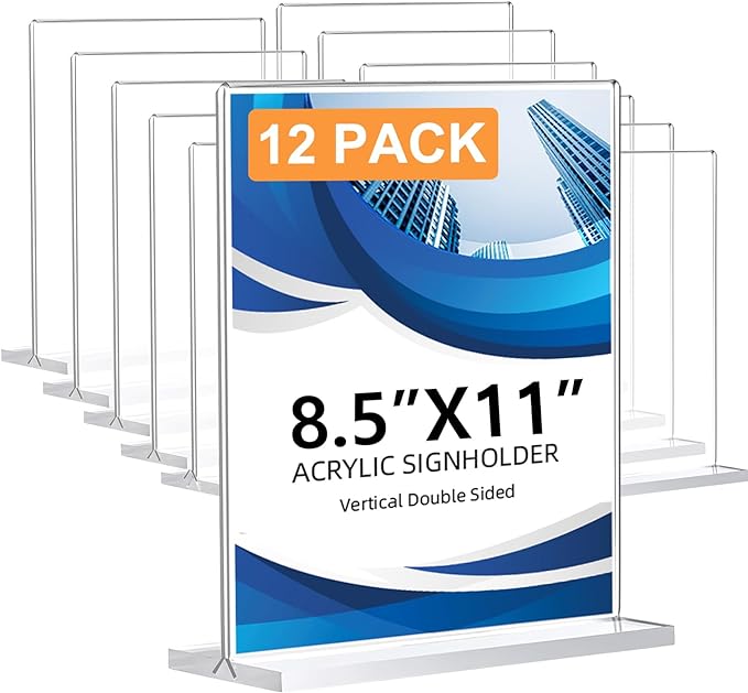 12 Pack Acrylic Sign Holder 8.5 x 11, Double-Sided Clear Sign Holder Plastic by DECOHOBO