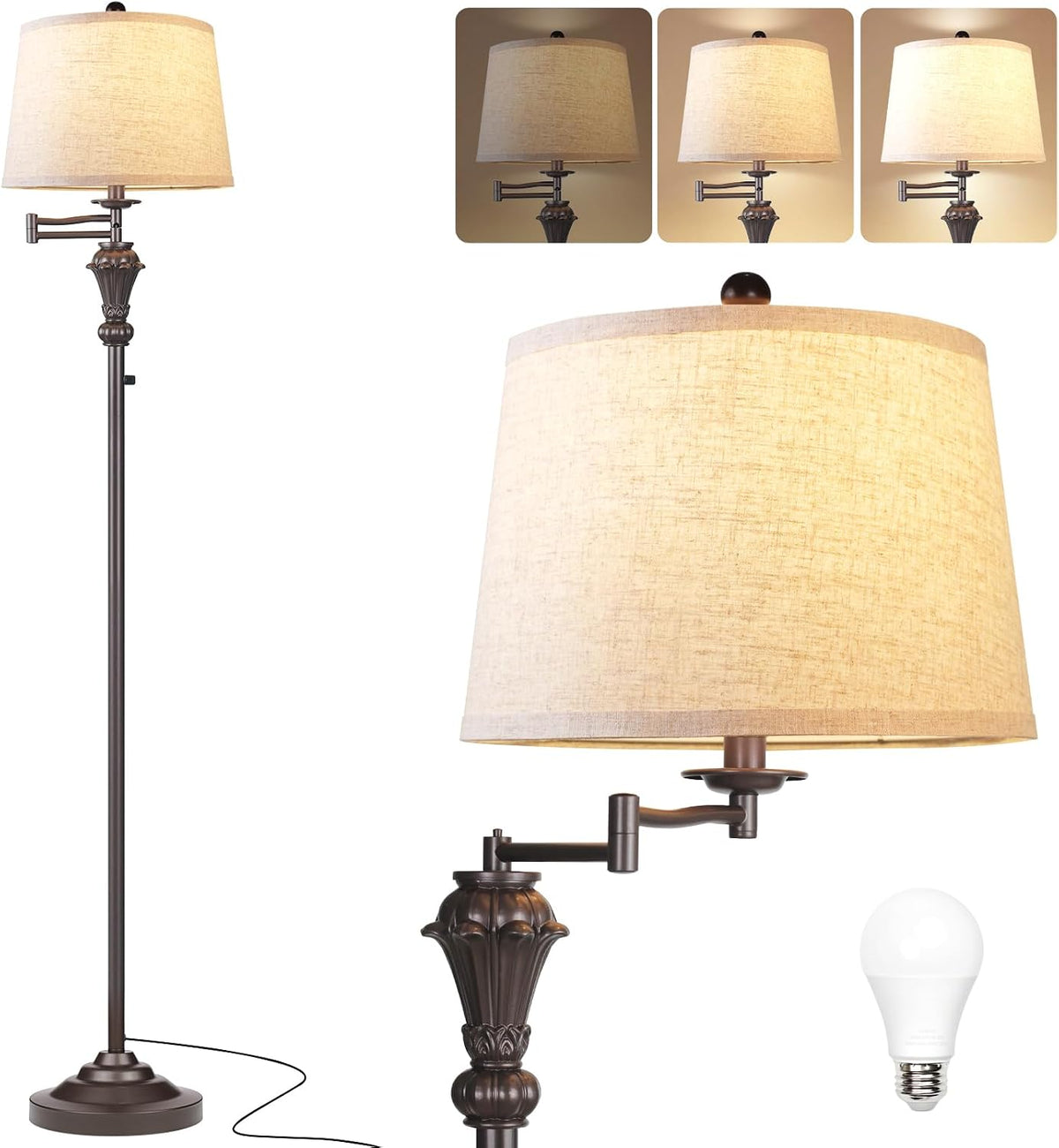 Dimmer Vintage Floor Lamp,Tall Standing Lamp with Adjustable Swing Arm,Brown ...