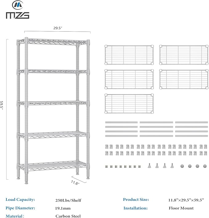 M MZG 1250 lbs 5 Tier Shelf Metal Storage Shelves Wire Rack Closet Organizers - Image 3