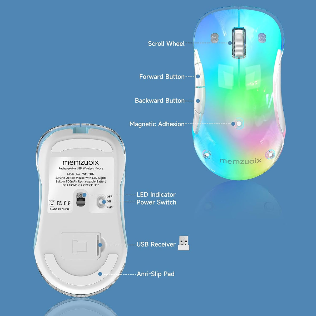 memzuoix 2.4G Wireless Mouse with Customizable Cover & 9-Color LED - Rech...