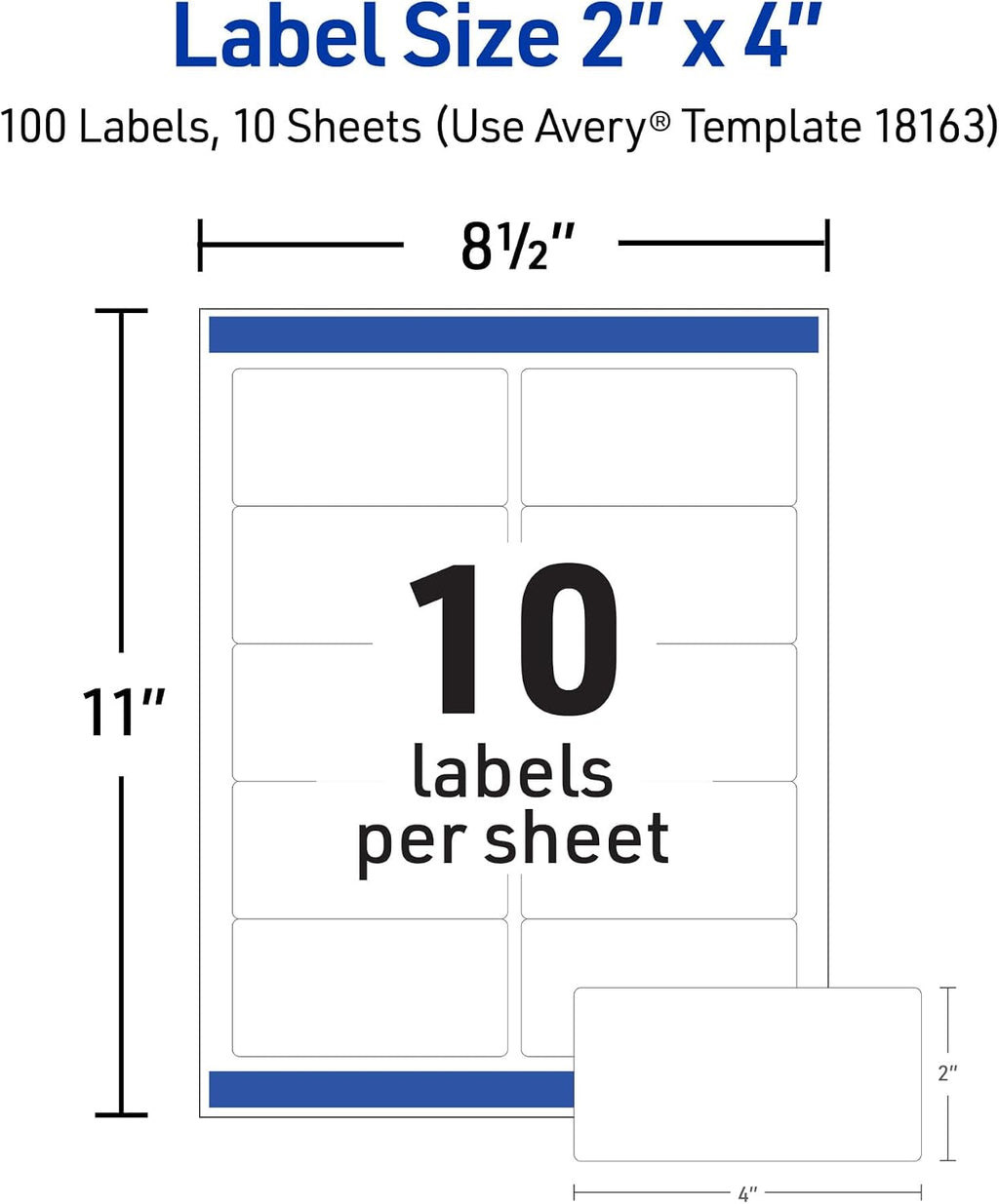 Avery Printable Shipping Labels with Sure Feed, 2" x 4" Customizable Stickers, White, 100 Blank Mailing Labels, Great for Mailing, Shipping, and More (18163)
