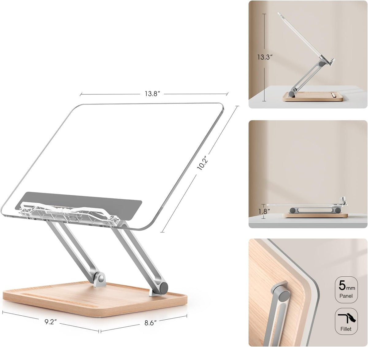 Acrylic Book Stand with Storage Base, Dual Aluminum Arm Reading Holder