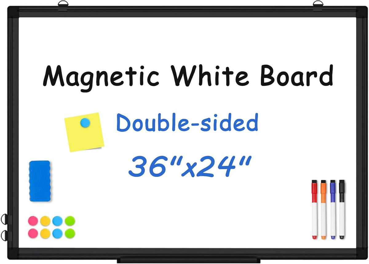 Double-Sided White Board Dry Erase Magnetic Whiteboard Wall 36x24 Black