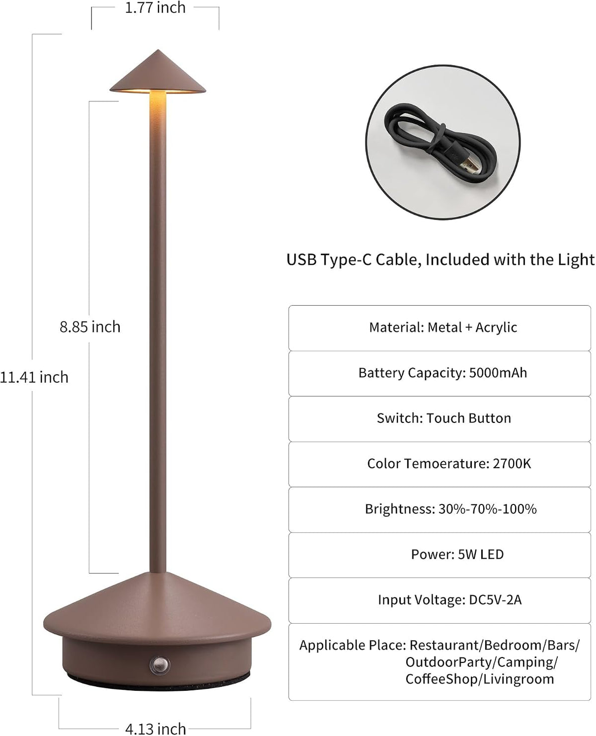 Modern Cordless Table Lamp Set of 2, Brown Portable LED Desk Lamps