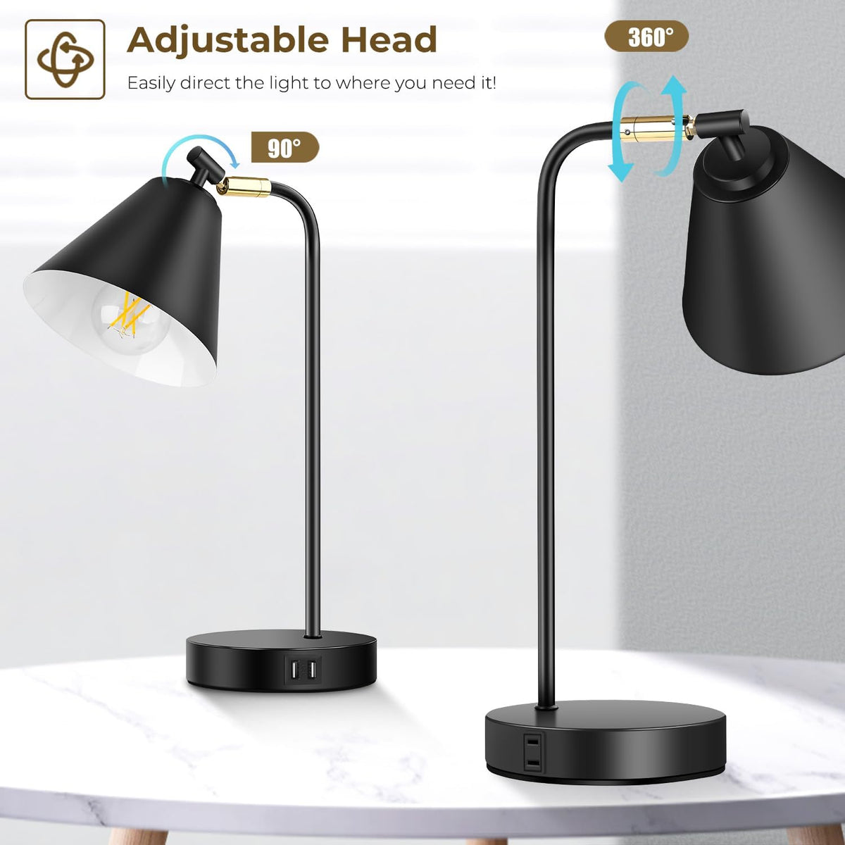 Industrial Dimmable Desk Lamp with 2 USB Charging Ports AC Outlet, Touch Cont...