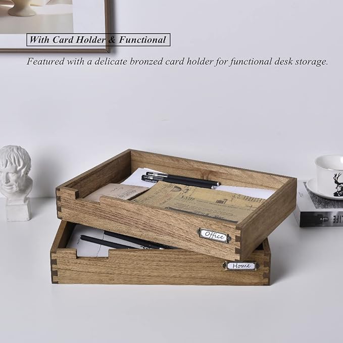 KIRIGEN Wooden Stackable Office Letter Organizer Desk Tray Pack of 2 - Image 3