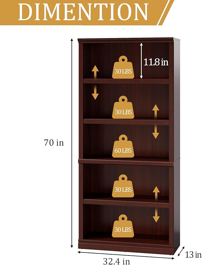 blini 5-Shelf Tall Bookcase Wooden Bookshelves 33in Wide Floor Standing Display - Image 2