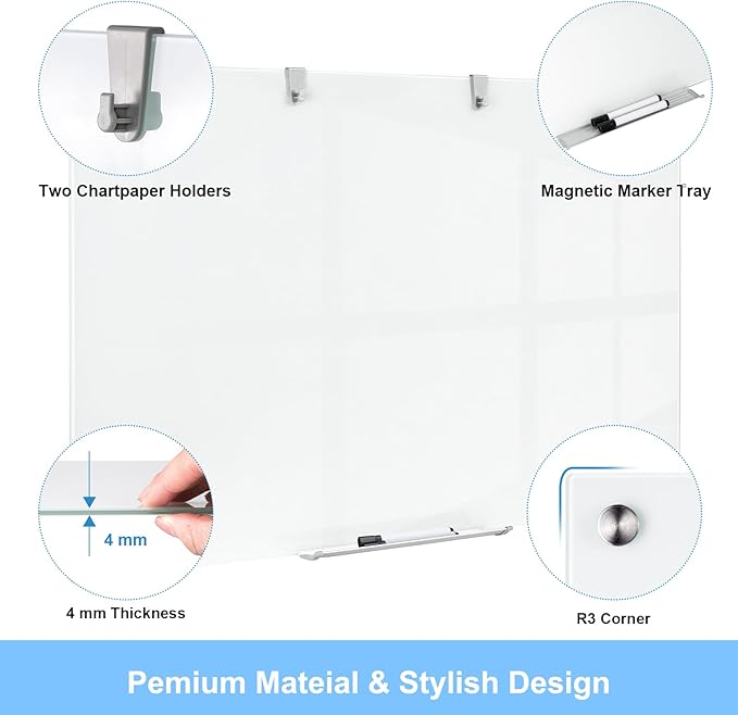 48 x 36 Inches Glass Whiteboard, Magnetic Glass Dry Erase Board - Image 2