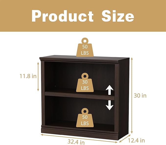 blini 2-Shelf Bookcase Wooden Bookshelves 33in Wide Floor Standing Display - Image 3