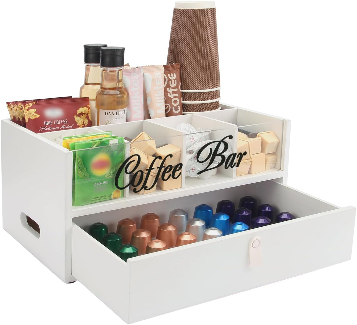 2-Tier Coffee Bar Organizer with Clear Acrylic Top, Built-in Drawer and Leath...