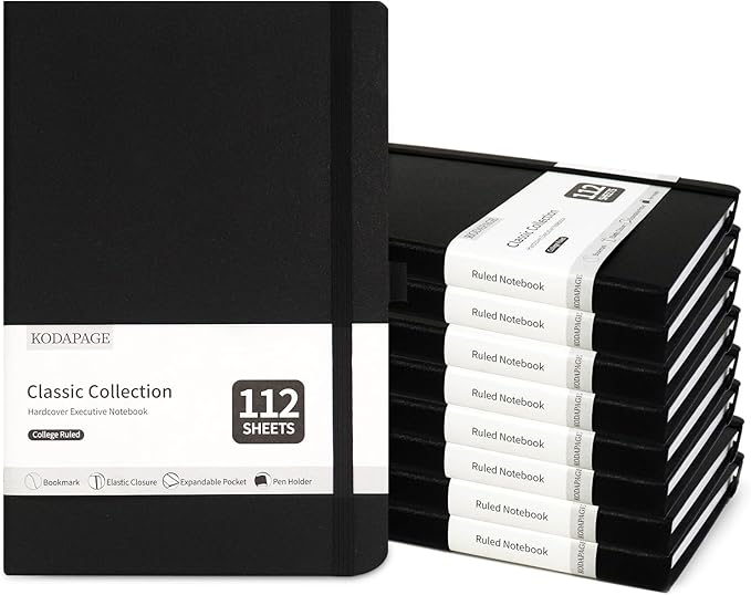 KODAPAGE Black A5 Liend Journal Notebook, 7mm College Ruled Notepad, Journaling by KODAPAGE