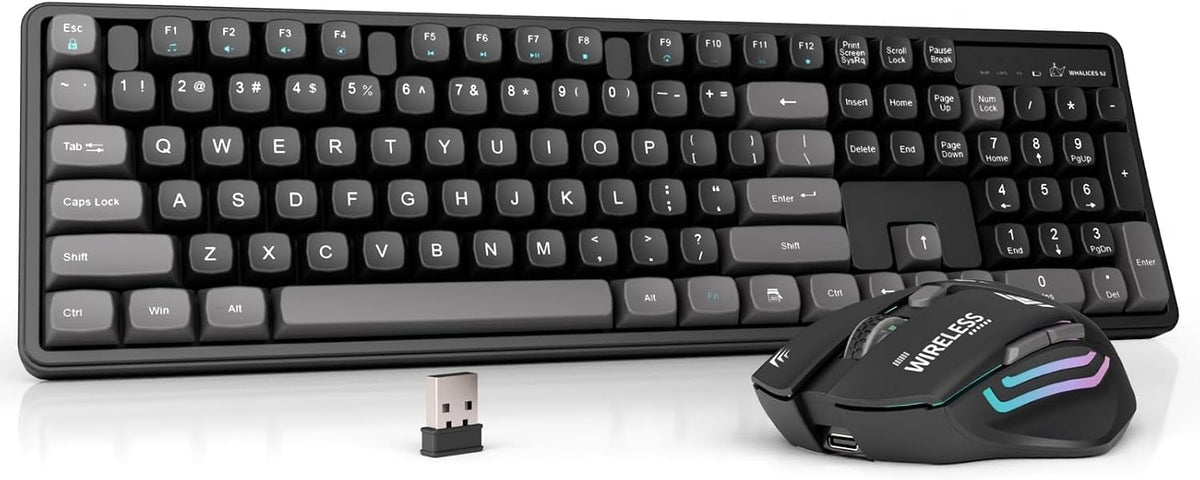 Rechargeable Wireless Keyboard and Mouse Combo, Full-Size - Black-Gray