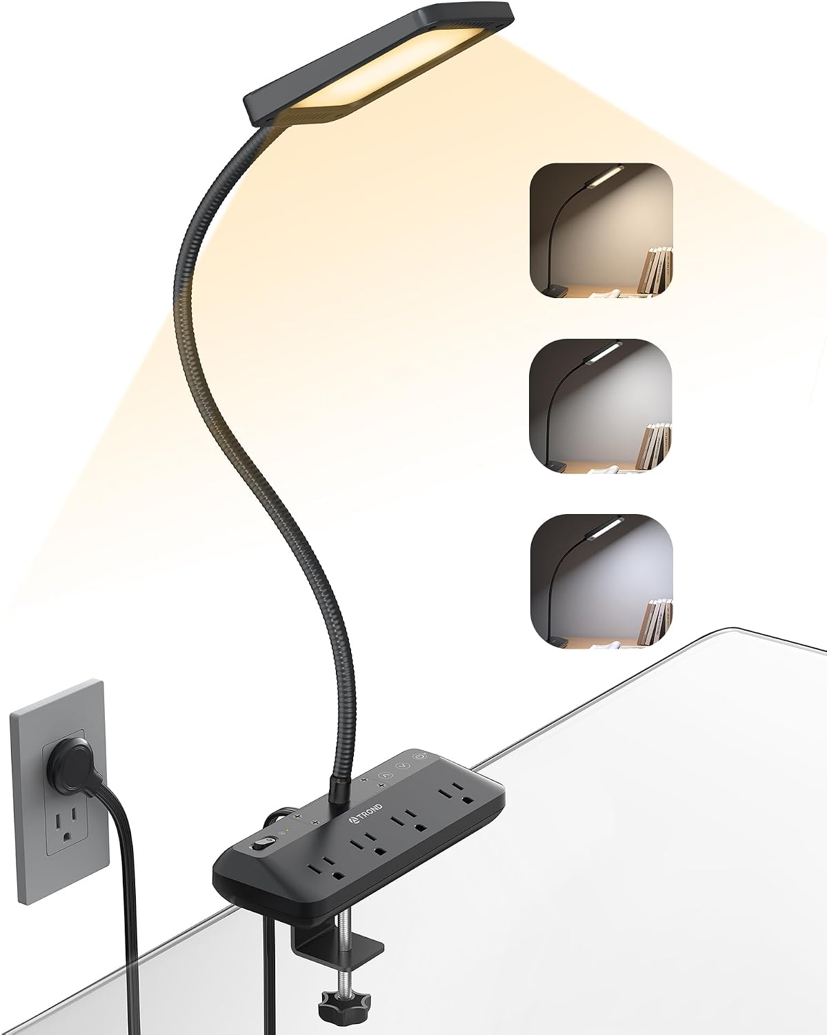 TROND LED Desk Lamp with Clamp Power Strip, 6ft Flat Plug Extension Cord