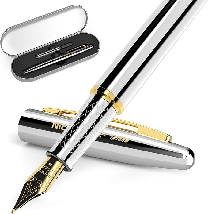 Nicpro Fountain Pen Set with Box, Classic Silver-Gold Fancy Pen with Converter by Nicpro