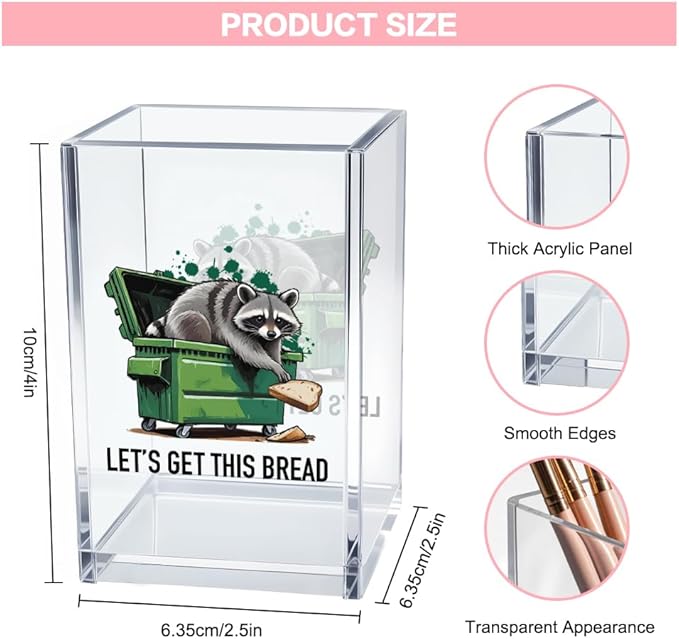 Vgrti Let痴 Get This Bread Acrylic Cosmetic Pencil Pen Holder Cup, Funny Raccoon - Image 2