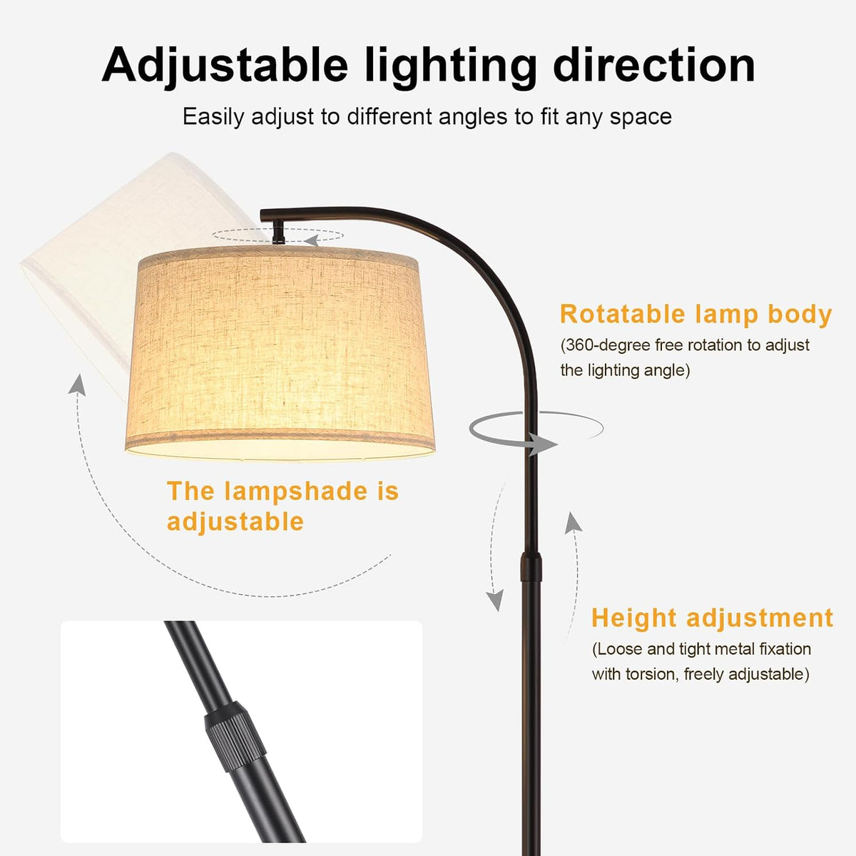 Modern Arc Floor Lamp for Living Room,Adjustable Height,3-Color Bulb