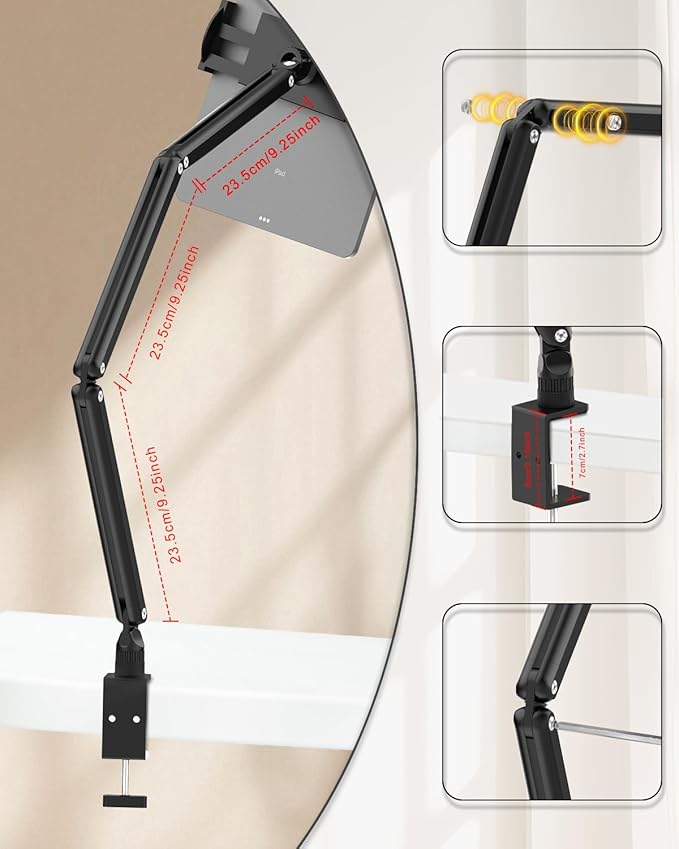 Tablet Stand for Desk/Bed, Adjustable iPad Holder Clamp Mount, Foldable Tablet - Image 3