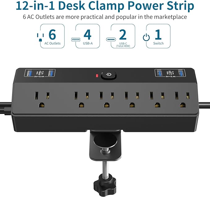Desk Clamp Power Strip 2 USB C Desktop Mount Outlet Charging Station, 10FT - Image 2