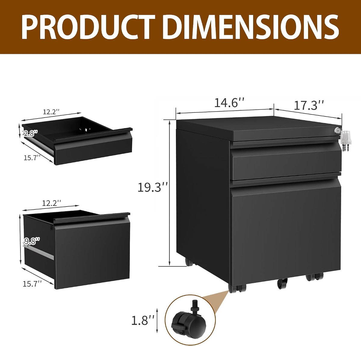 2 Drawer Metal Mobile File Cabinet with Lock and 4 Keys