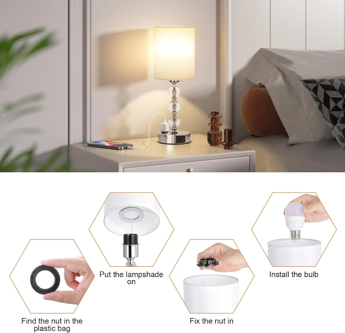 Crystal Touch Lamps for Nightstand, 3 Way Dimmable with Charging Station