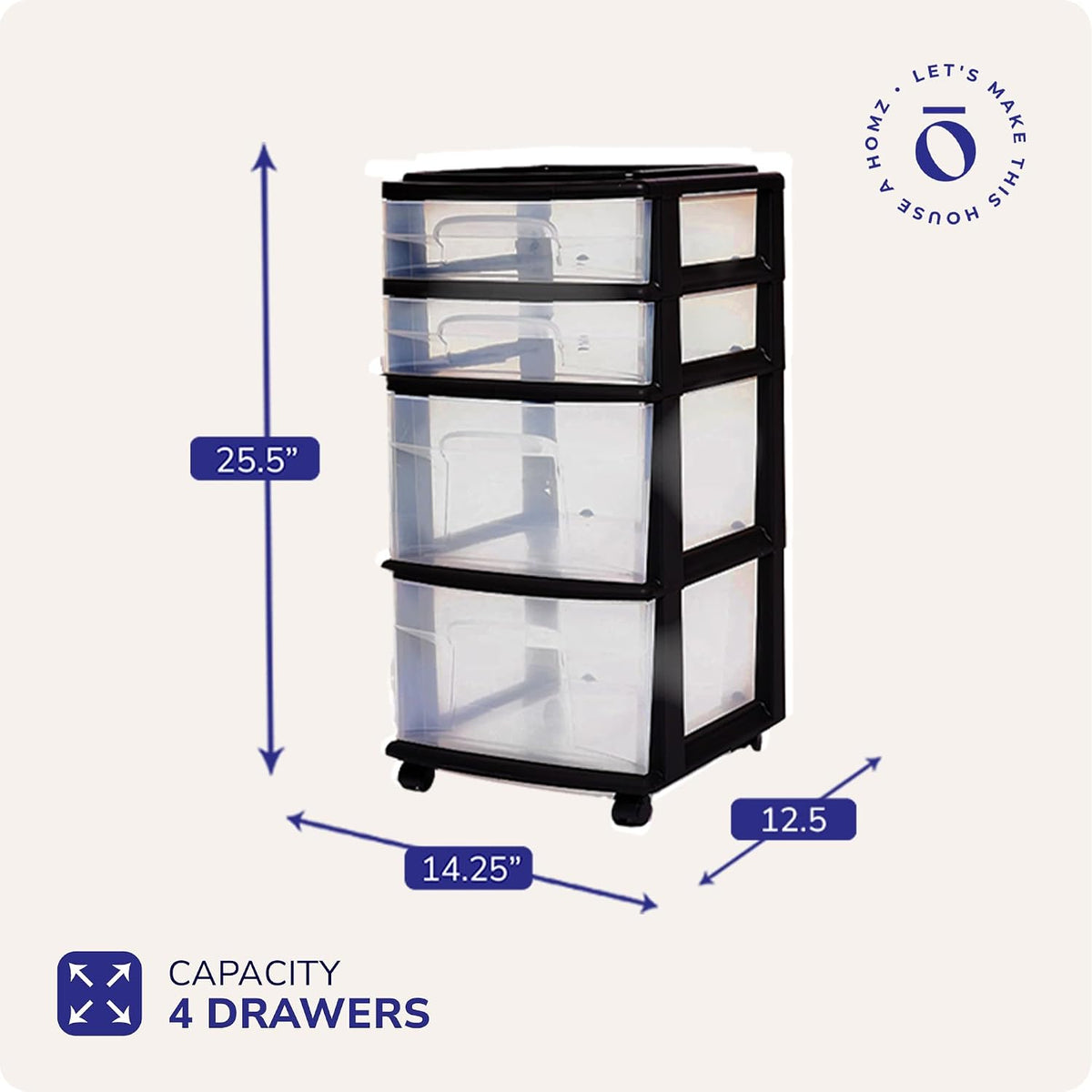 HOMZ Drawer Tower, 4-Tier Storage Cart with Removable Wheels, Black Frame