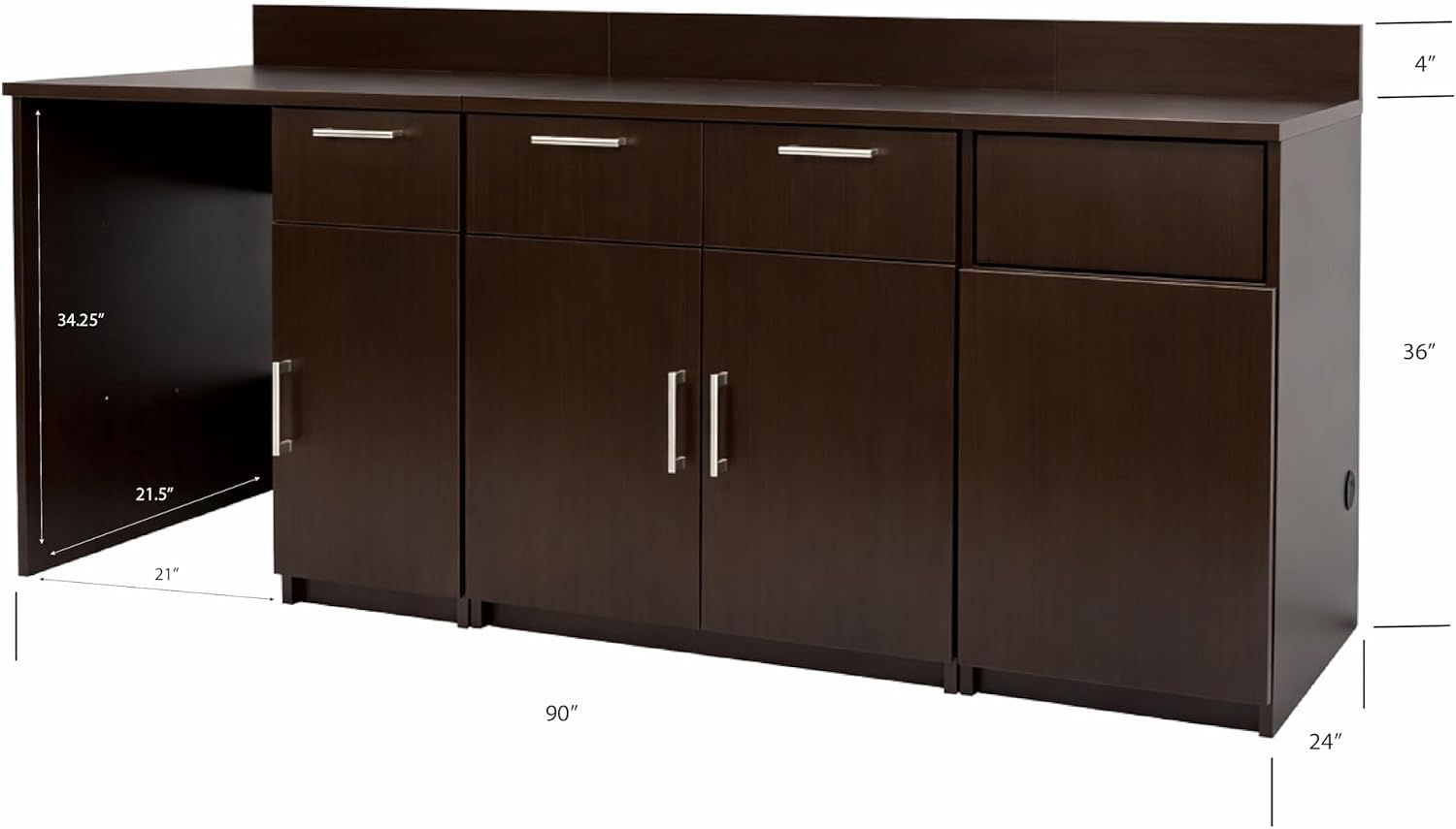 BREAKtime Breakroom Cabinet with Mini Fridge Space, Door Storage and Trash Bin, Office Coffee Station, Fully Assembled, 90" W x 24" D x 36" H, Appliances Not Included