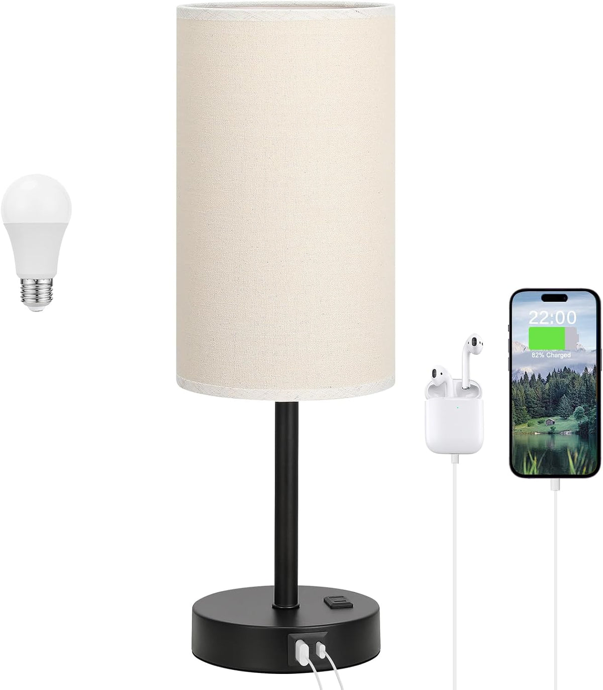 Dicoool 17.4" Bedside Lamp for Bedroom - Dimmable Touch, USB A+C, AC Outlet
