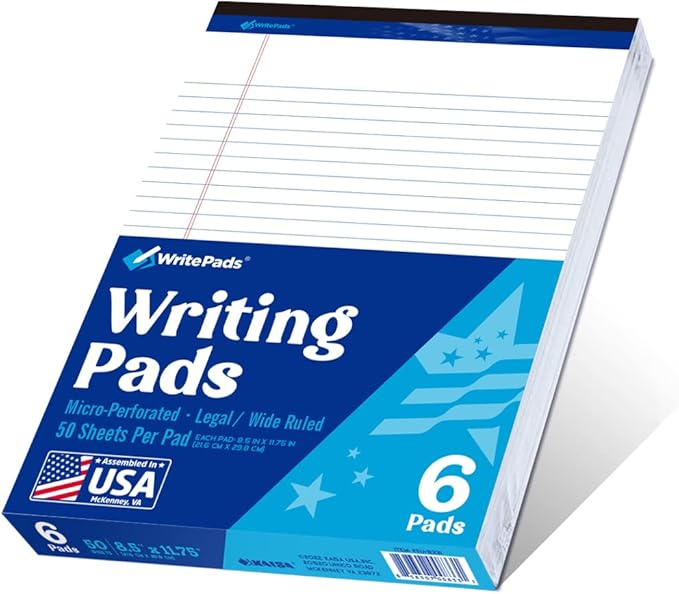 WritePads Legal Pad 8.5 x 11 Note Pad, Wide Ruled Writing Pad, 50 Sheets Per Pad by WritePads