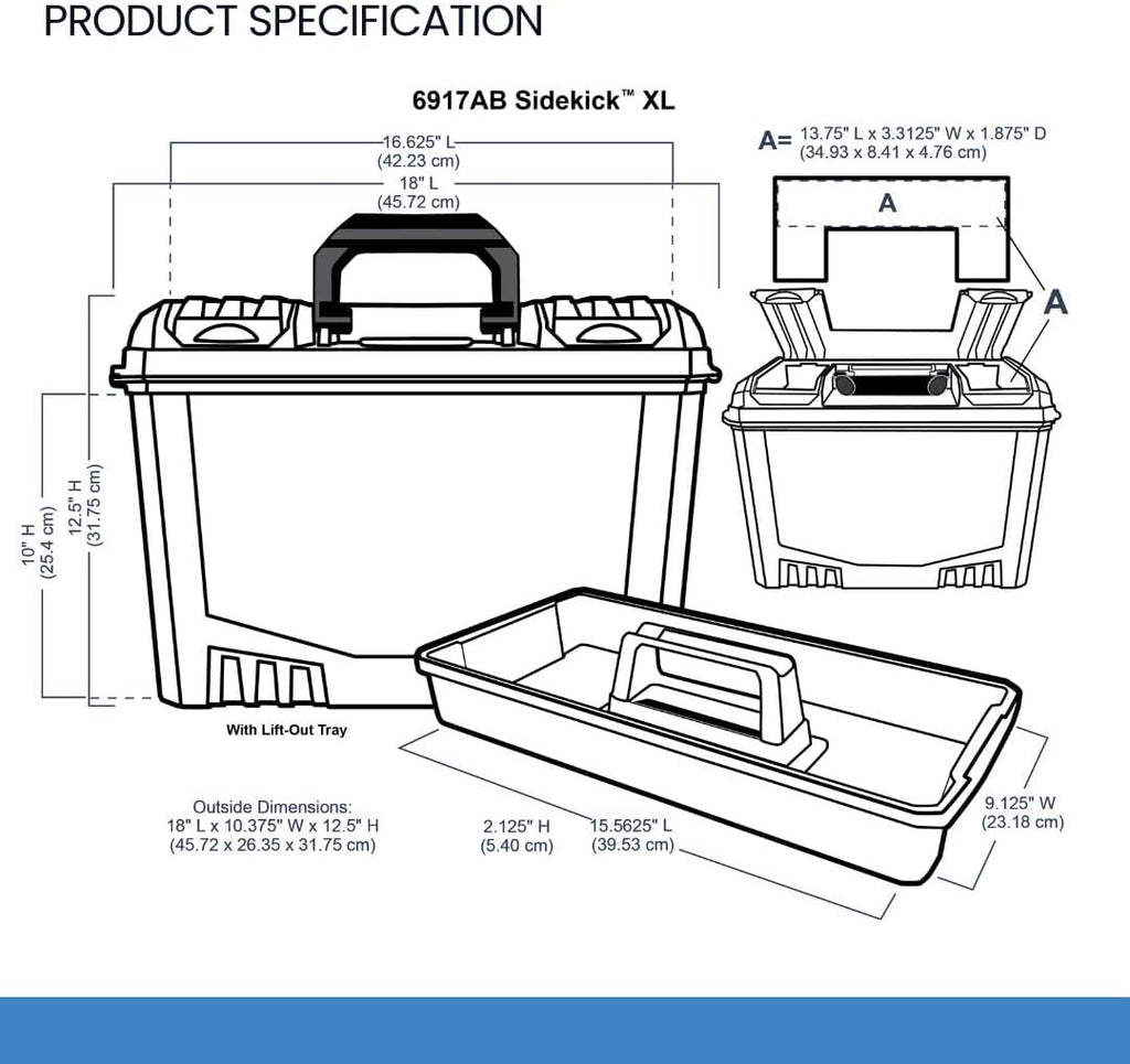 artbin sidekick xl carrying case with handle, black showing dimensions