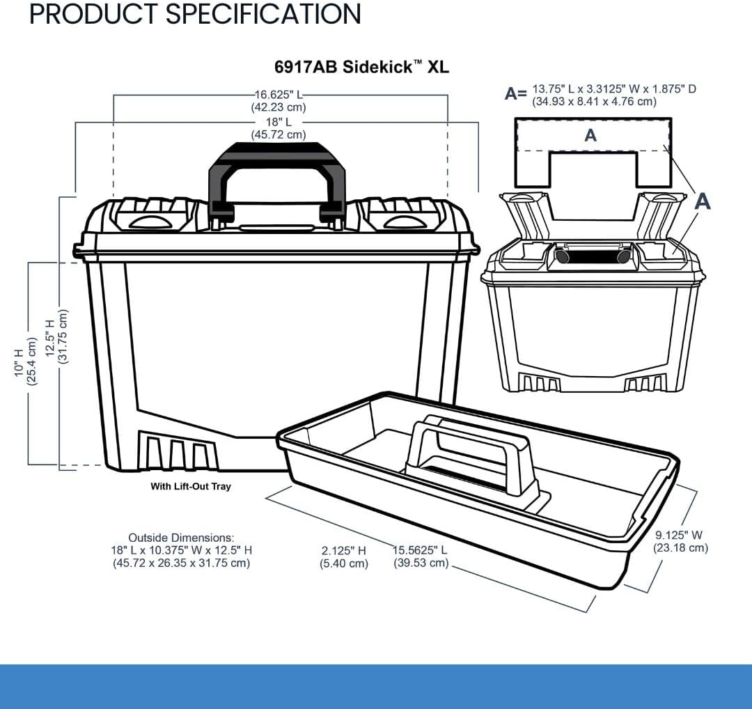 artbin sidekick xl carrying case with handle, black showing dimensions