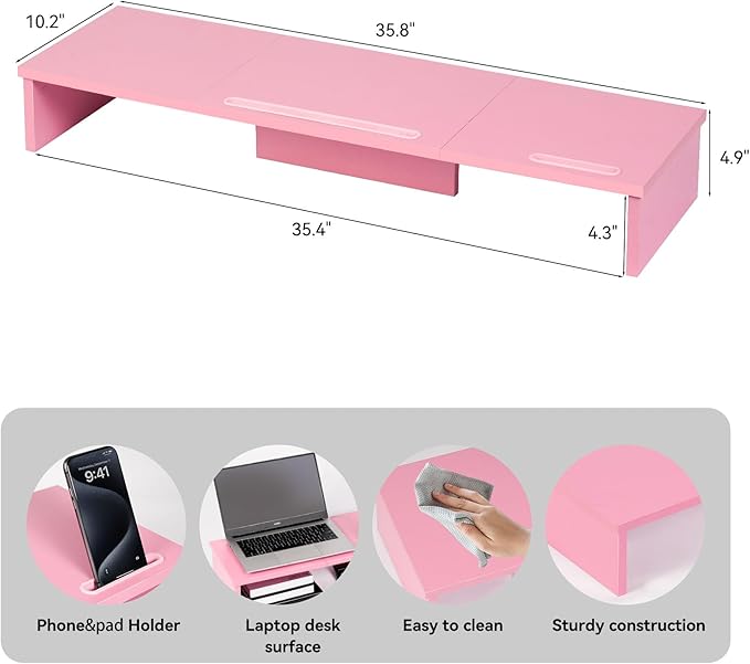 Dual Monitor Stand Riser with Phone Tablet Holder, 35.8in Large Monitor Stand - Image 2