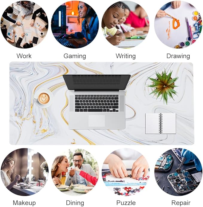 QIYI Large Mouse Pad, Cute Marble White Desk Mat, PU Leather Desk Protector - Image 7