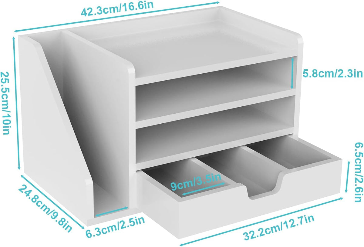 Multi-Tier Wood Desk File Organizer with Side File Rack, 3 Tray Shelves &...