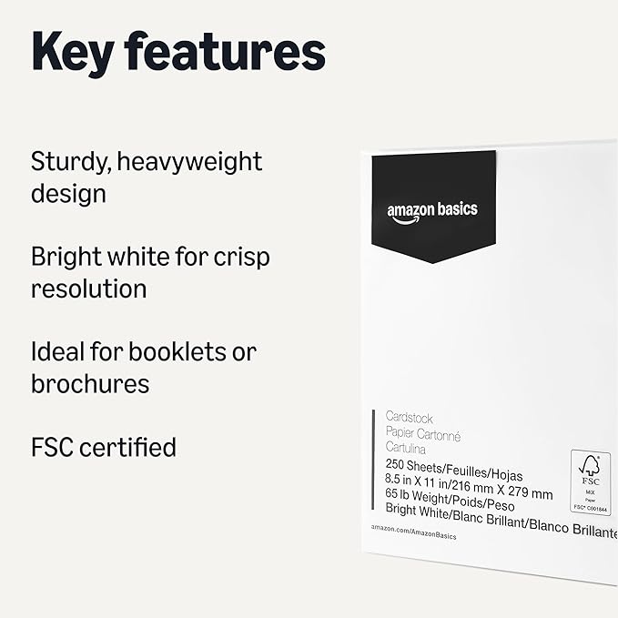Amazon Basics Cardstock Paper, 8.5" x 11", 65 lb/176 gsm, 96 Bright, 250 Sheets - Image 2