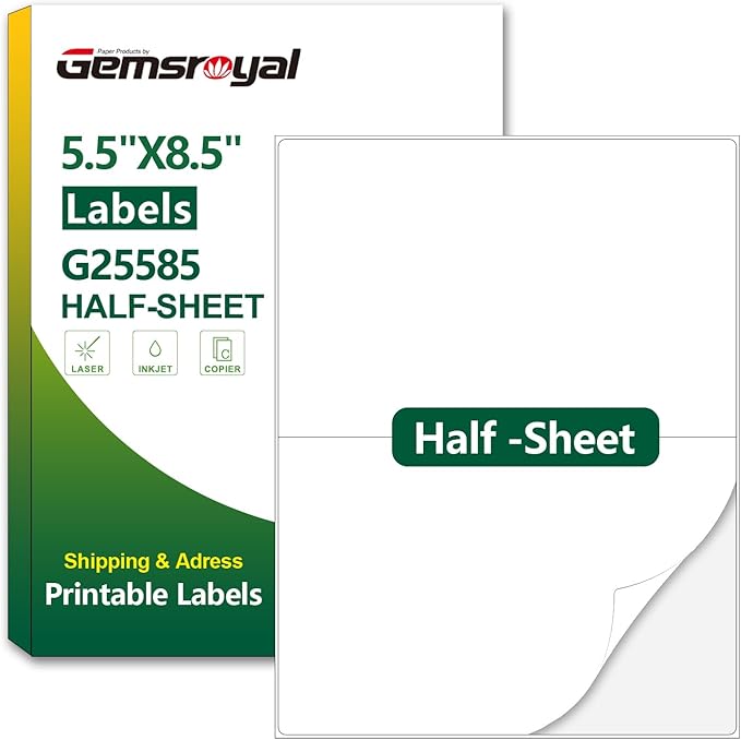 Gemsroyal 5.5"×8.5" Half Sheet Shipping Labels Printable, 5.5×8.5 inch White by Gemsroyal
