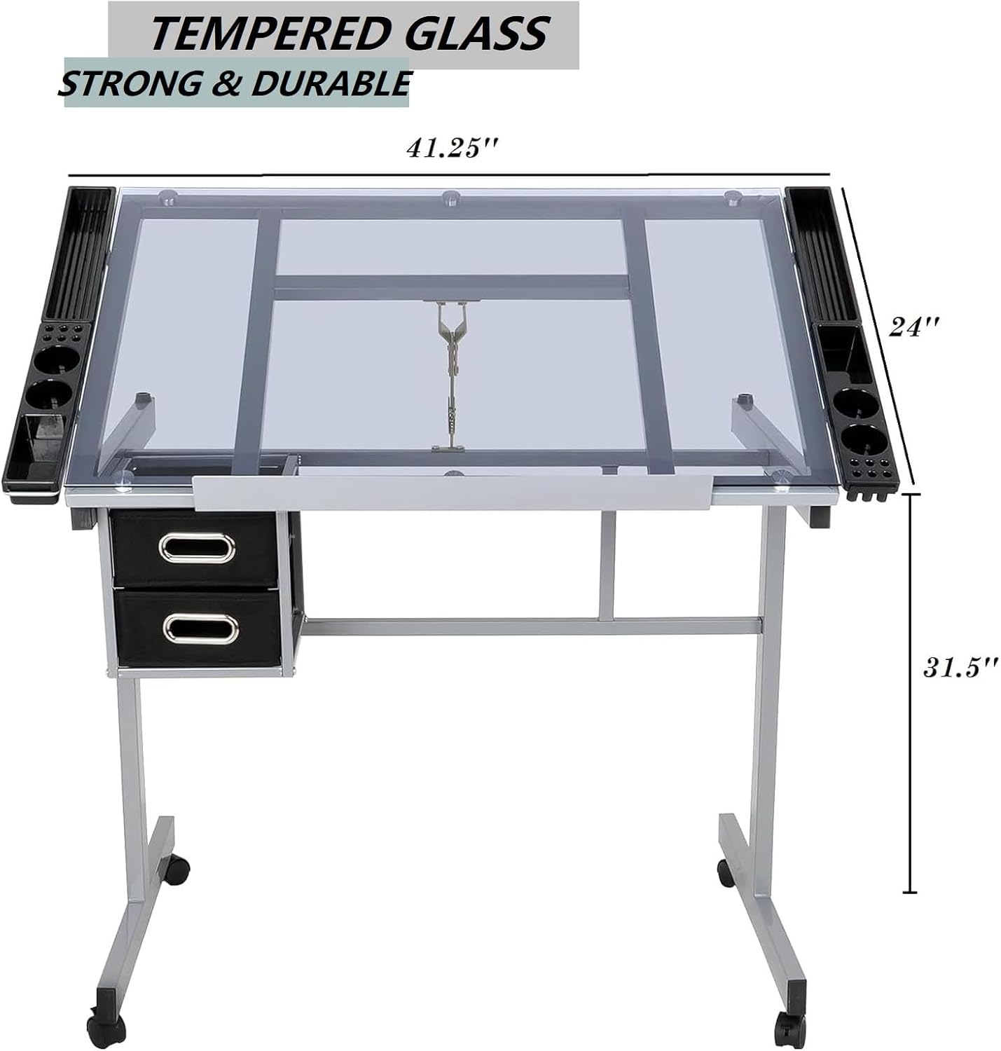 ZENY Drafting Table on Wheels with Storage Drawers, Adjustable Glass Tabletop, Craft Table Drawing Desk Artist Hobby Table for Painting, Drawing, Crafting | Mobile Rolling Drawing Desk with Adjustable Tilting Glass Top, Storage Drawers, Art Craft